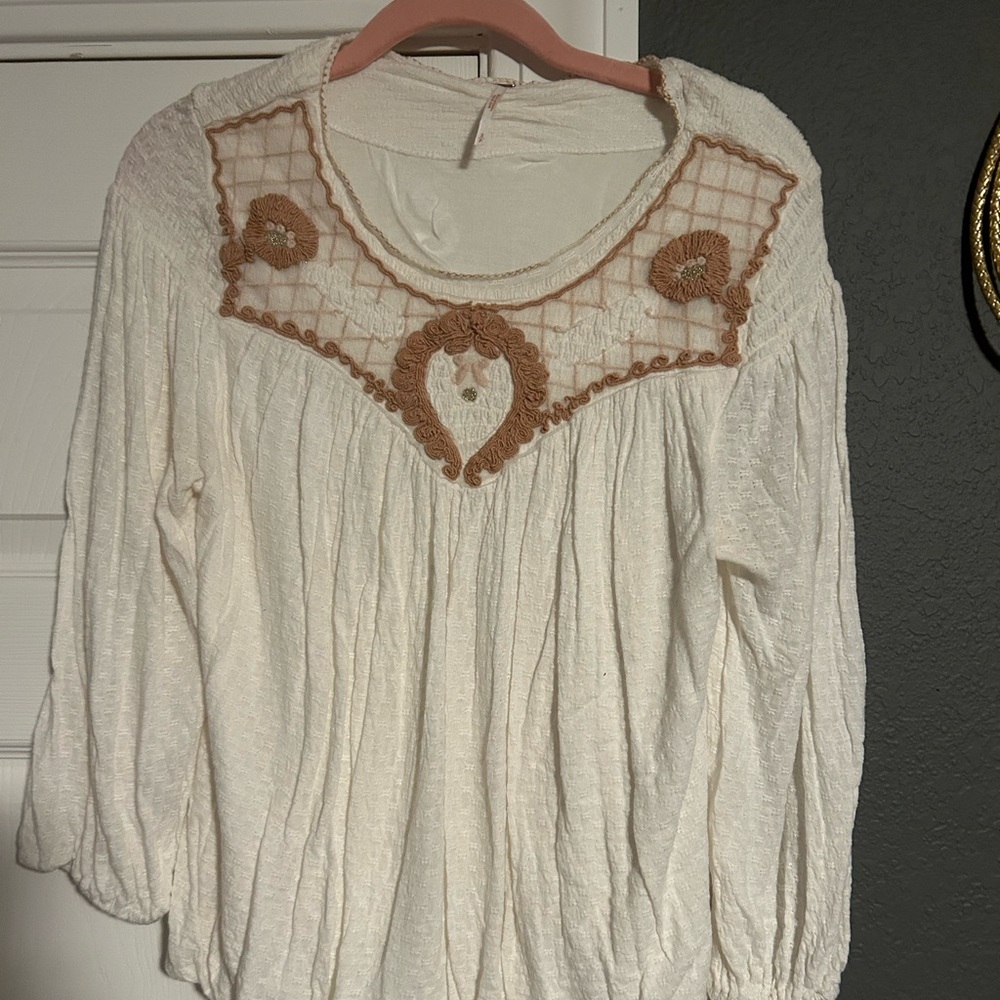 Free People White Blouse with Brown Embroidery Like New!